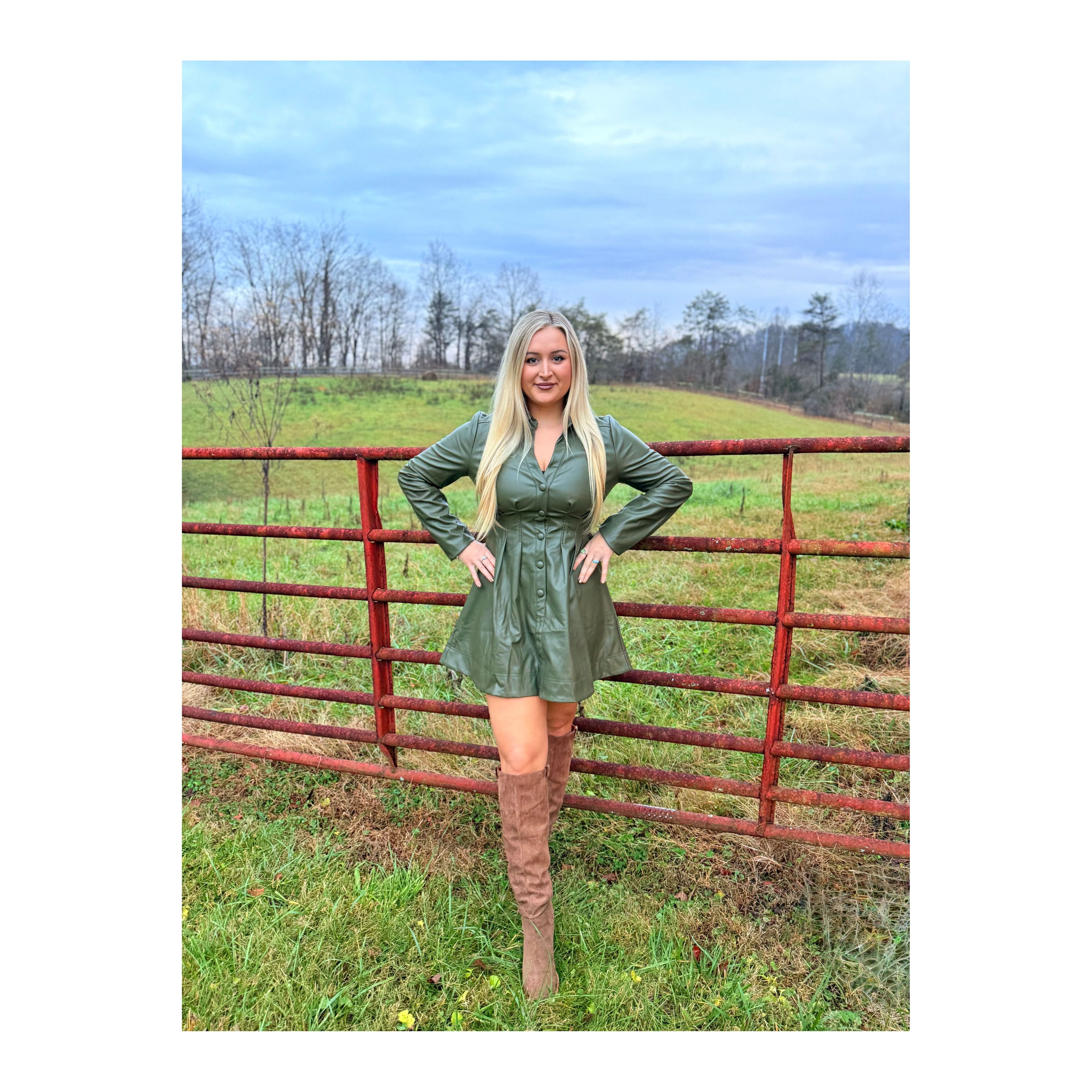 Olive Green Leather Flare Dress