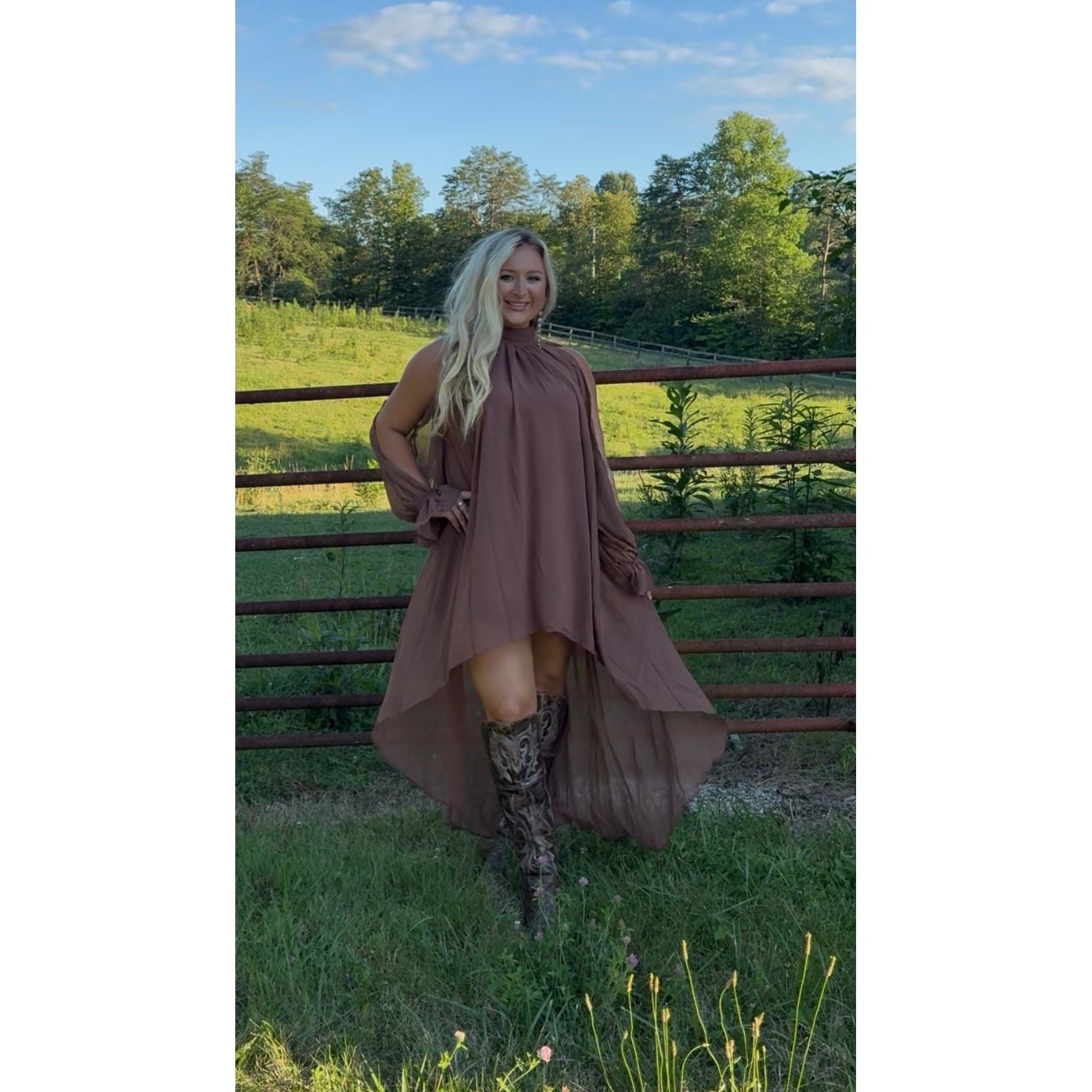 Elegant High Low Flowy Dress In Brown