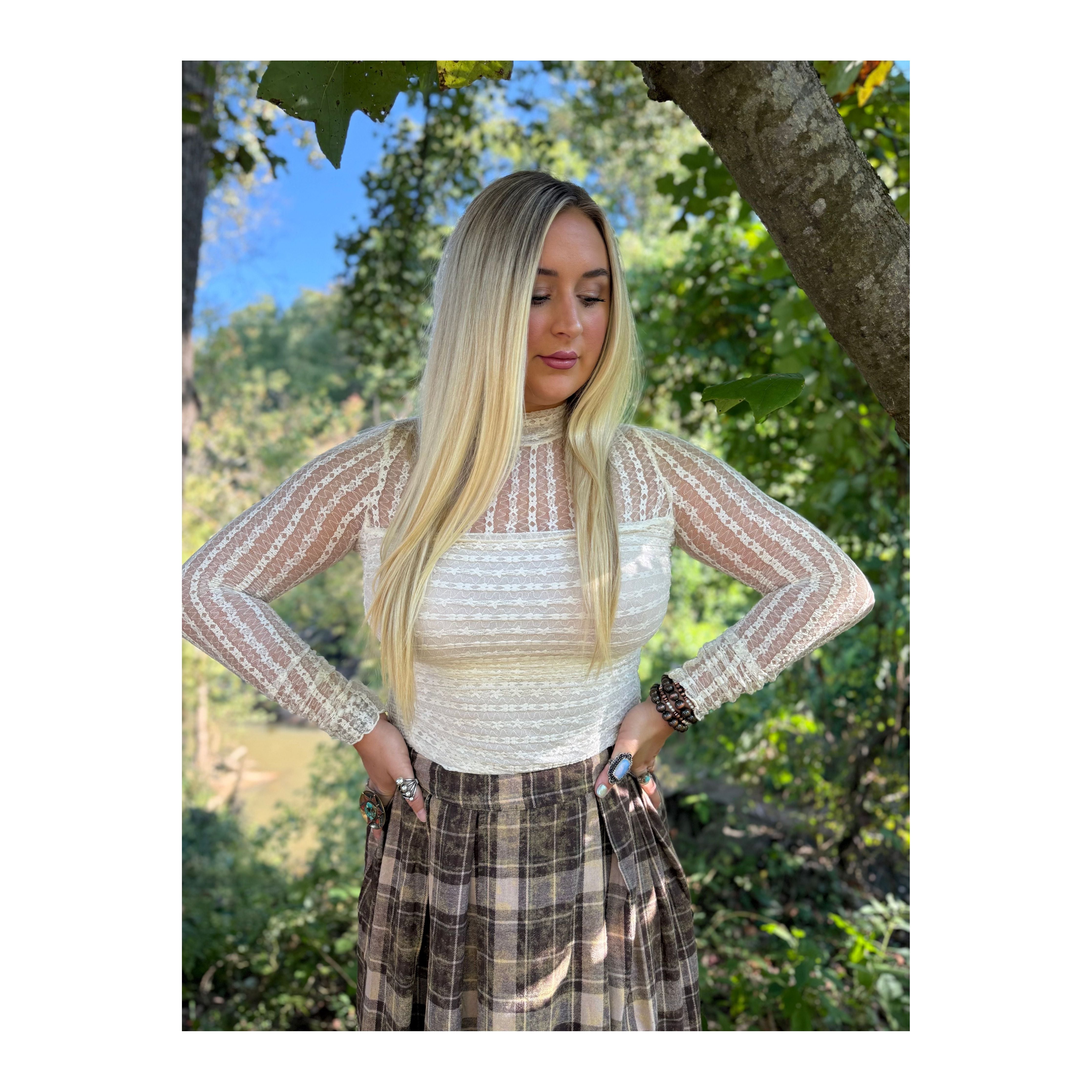 Cream Lace Ruched Mock Neck Bodysuit